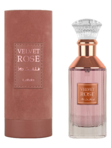 Frasco do perfume Velvet Rose Lattafa EDP 100ml Feminino, família floral e doce/gourmand.