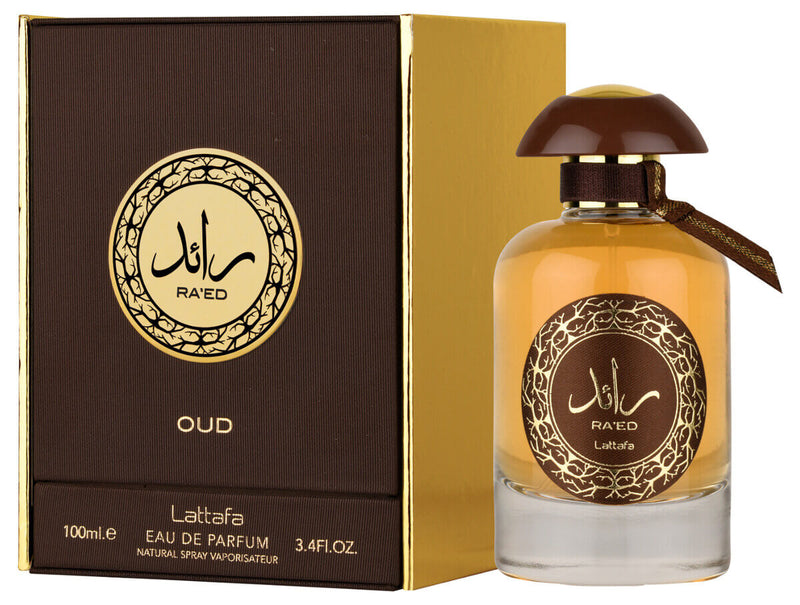 Frasco do perfume Raed Oud Lattafa EDP 100ml Masculino, família âmbar.