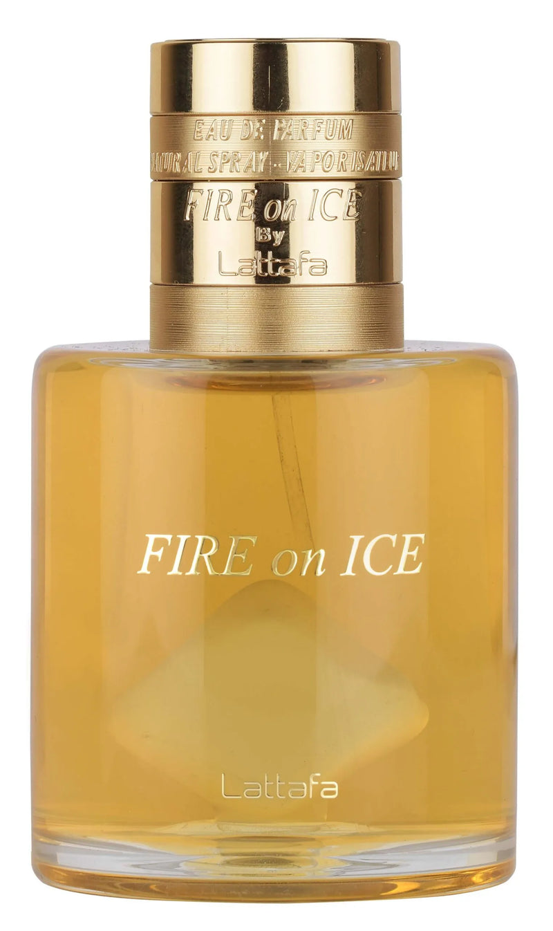 Frasco do perfume Fire On Ice Lattafa Eau de Parfum 100ml Unisex, família amadeirado e âmbar.