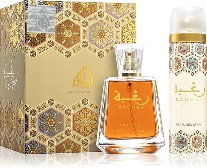 Frasco do perfume Raghba Lattafa EDP 100ml Unisex + Desodorante, família amadeirado e âmbar.