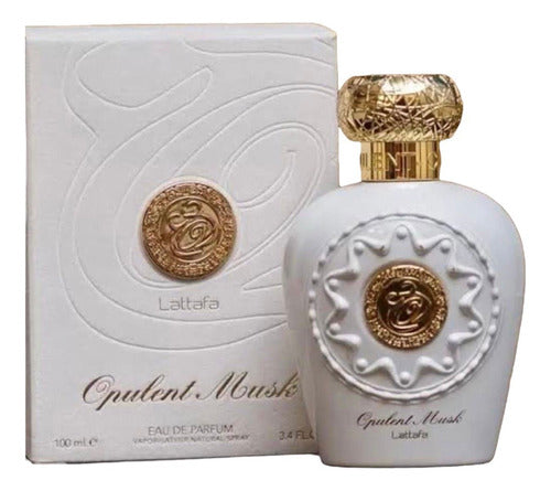 Frasco do perfume Opulent Musk Lattafa Eau De Parfum 100ml Feminino, família floral e doce/gourmand.