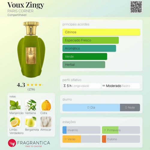 Perfume Árabe Voux Zingy Paris Corner 100ml EDP Cítrico Unissex