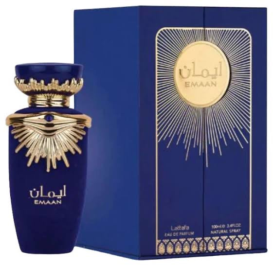 Frasco do perfume Emaan Lattafa Eau De Parfum 100ml, família amadeirado e âmbar.