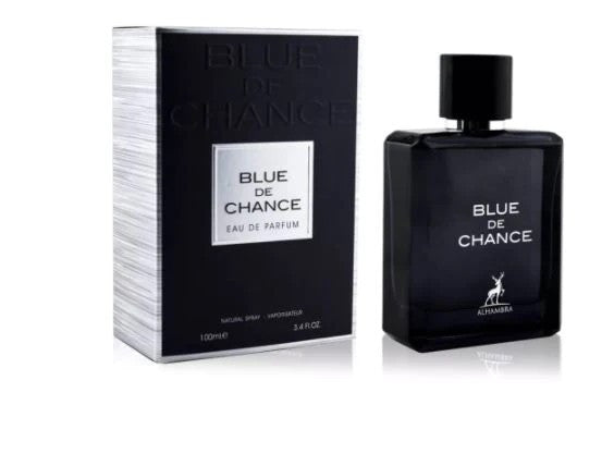 Frasco do perfume Perfume Maison Blue De Chance Edp Masc 100ml, da Maison Al Hambra, família amadeirado e â.