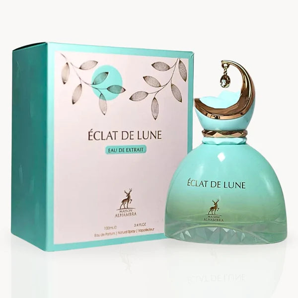 Frasco do perfume Eclat De Lune Maison Al Hambra EDP 100ml, família amadeirado e âmbar.
