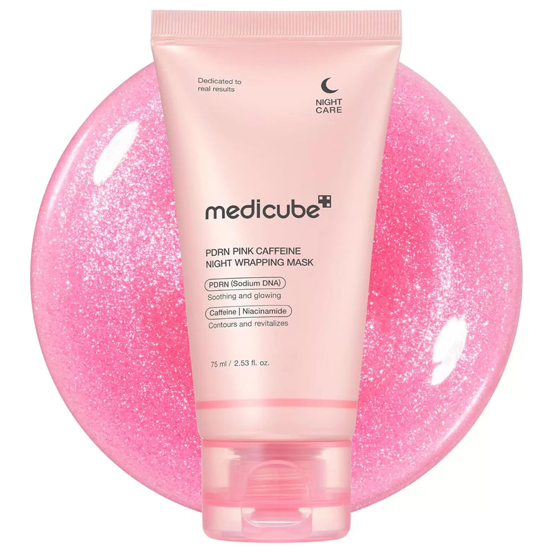 Frasco do perfume PDRN Pink Caffeine Night Wrapping Mask Medicube 75ml, família floral e doce/gourmand.