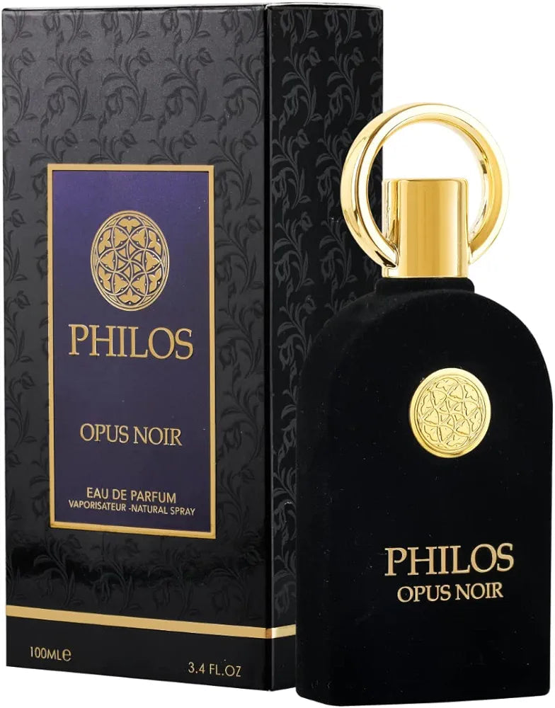 Frasco do perfume Philos Opus Noir Maison Al Hambra EDP 100ml, família amadeirado e âmbar.
