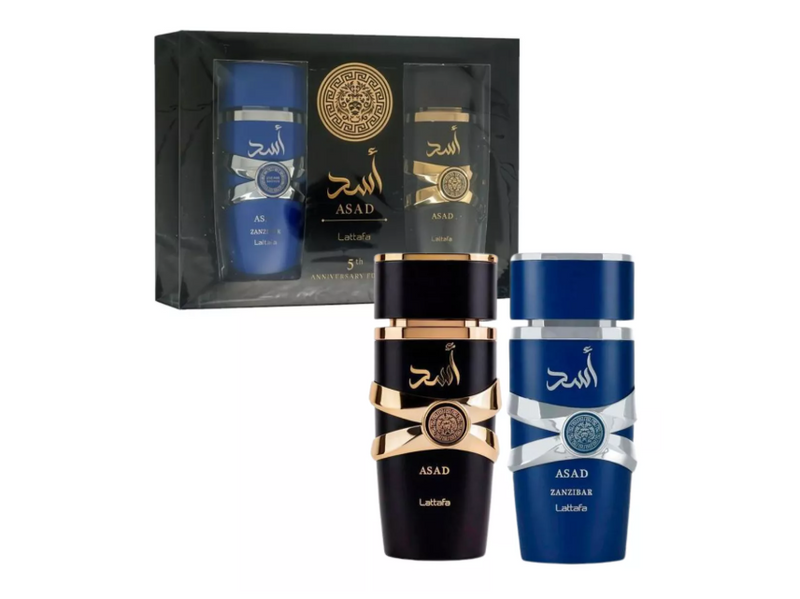 Frasco do perfume Conjunto Lattafa Asad EDP 100ml + Asad Zanzibar EDP 100ml, família amadeirado e âmbar.