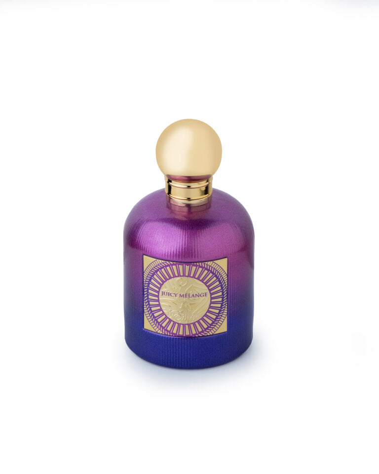 Frasco do perfume Juicy Melange Paris Corner Eau De Parfum 100ml, família amadeirado e âmbar.