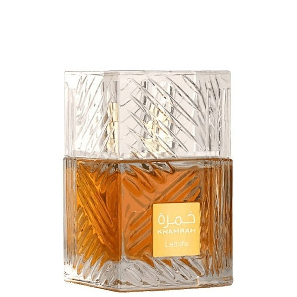 Frasco do perfume Khamrah Eau De Parfum Lattafa 100ml Unisex, família doce/gourmand e especiado.