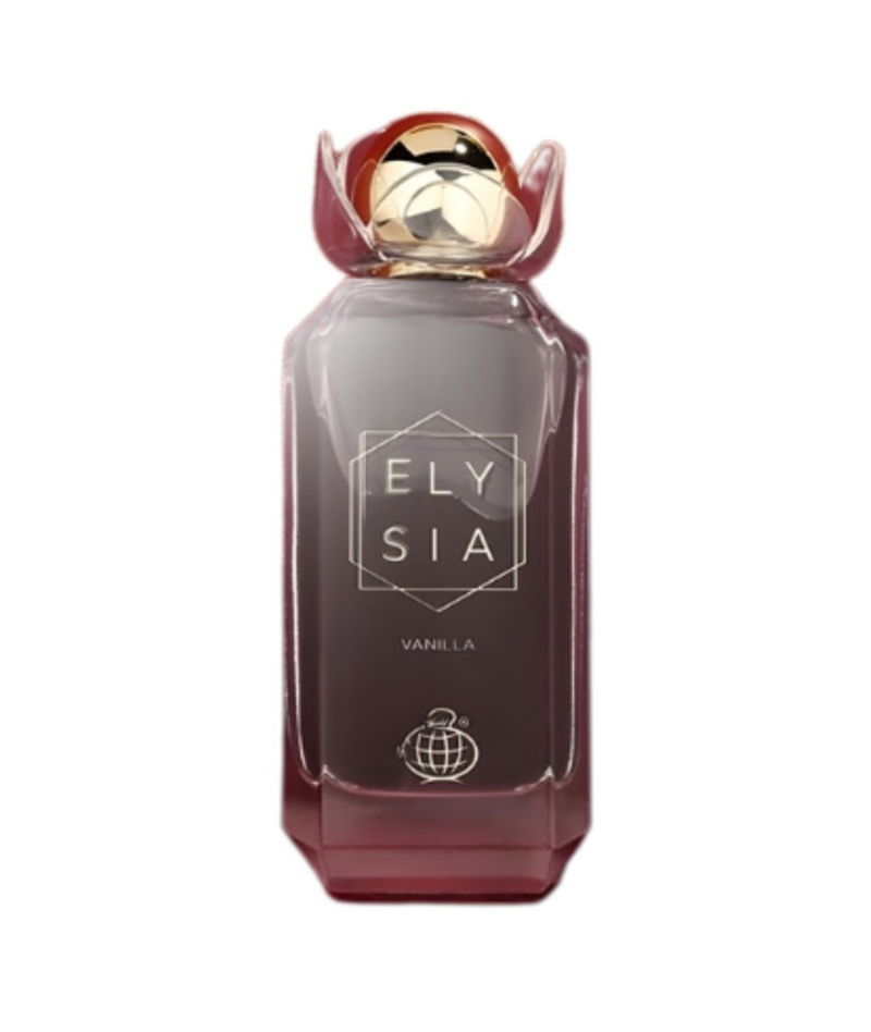 Frasco do perfume Elysia Vanilla Fragrance World Eau De Parfum 100ml, família doce/gourmand e floral.